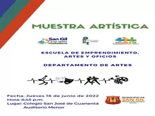 Invitación a muestra artística de la Escuela de Artes y oficios del Instituto de cultura y turismo de San Gil