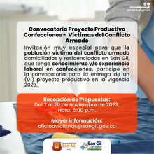 Convocatoria Proyecto Productivo Confecciones - Víctima del Conflicto Armado