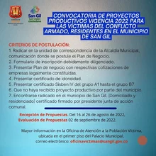 Convocatoria de proyectos productivos vigencia 2022 para las víctimas del conflicto armado residentes en el municipio de San Gil