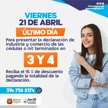 Viernes 23 de abril último día para presentar la declaración de Industria y Comercio de las cédulas o nit terminados en 3 y 4