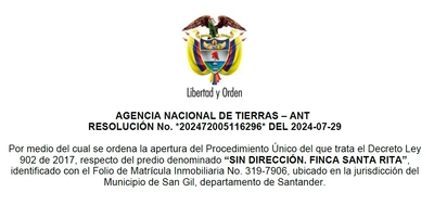 Notificación Agencia Nacional de Tierras – Ant Resolución No. *202472005116296* del 2024-07-29